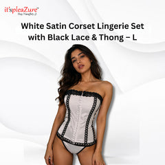 ItspleaZure White Satin Corset Lingerie Set with Black Lace & Thong – L