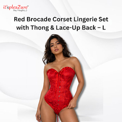 ItspleaZure Red Brocade Corset Lingerie Set with Thong & Lace-Up Back – L