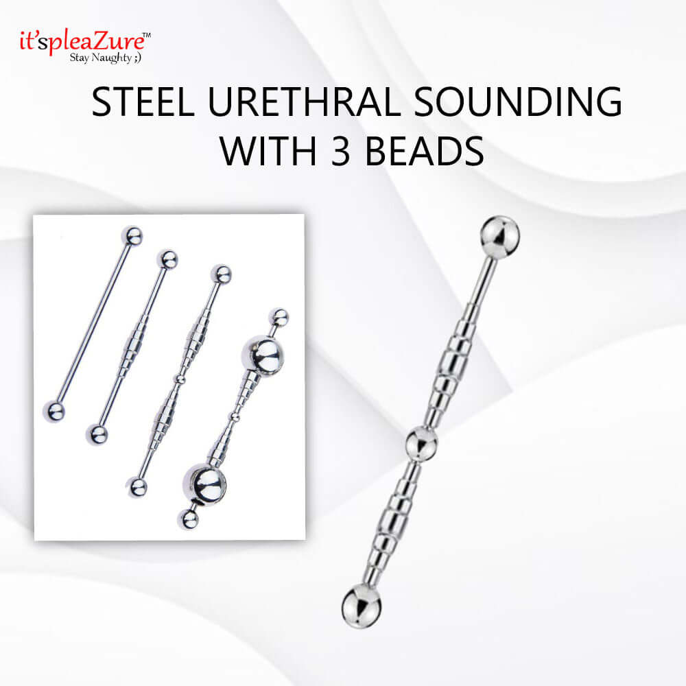 Steel urethral sound with 3 beads - Medical-grade stainless steel