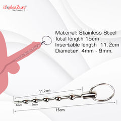 Technical specifications showing 15cm steel sounding rod with 11.2cm insertable length and 4-9mm bead progression