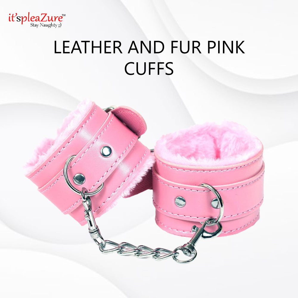 Leather And Fur Pink Hand Cuffs at Itspleazure