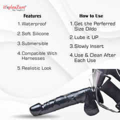 Features: Waterproof, remote-controlled, harness-compatible vibrating dildo with care instructions