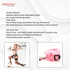 Close-up of soft nylon and plush restraints for beds, adjustable for single or double size mattresses