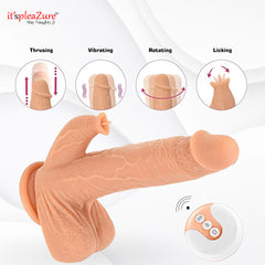 Vibrating suction dildo with clit-stimulating tongue features - thrusting, rotating, and licking functions.