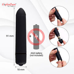 Size details of bullet vibrator - 91mm length, uses AAA battery