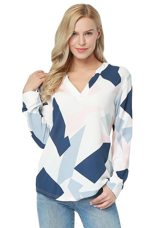 Mix Color Geometric Print Long Sleeves Top for Women at itspleaZure