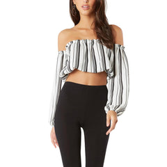 Open Back Slash Neck Stripe Pattern Crop Top for Women at itspleaZure