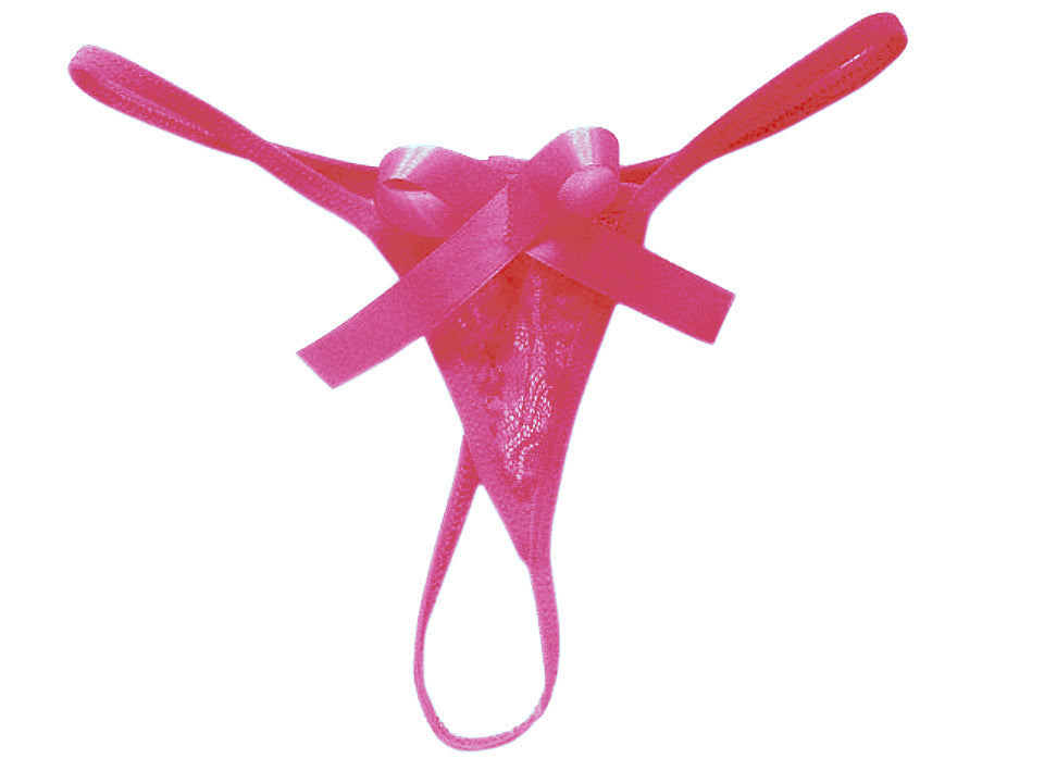 A pink ribbon thong for women with a bow detail in the center, displayed on a white background.