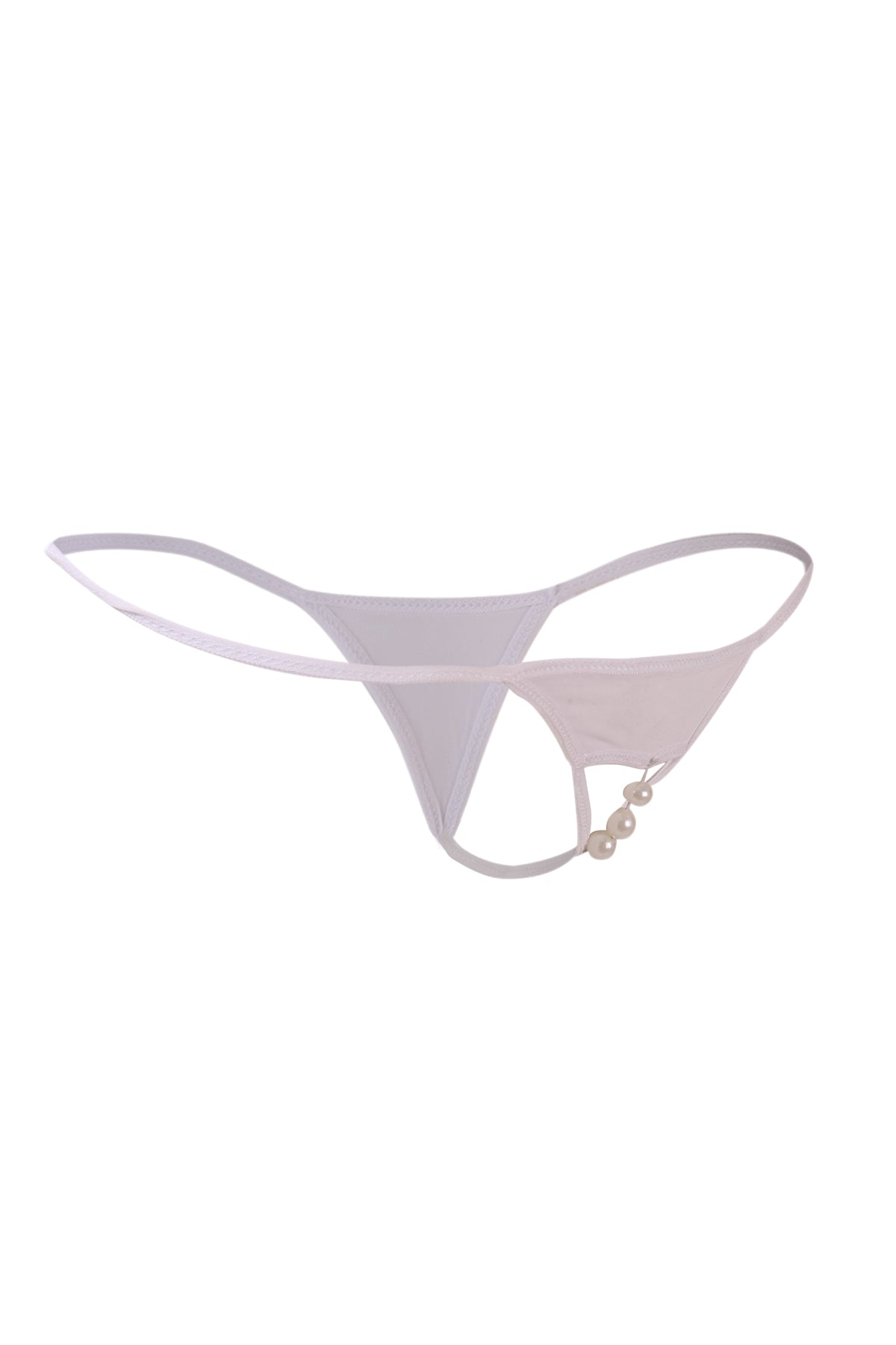 A white lace thong underwear with an open crotch design, featuring a small pearl detail on the front.