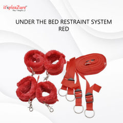 A red under-the-bed restraint system with soft fuzzy cuffs and adjustable straps displayed on a light background.