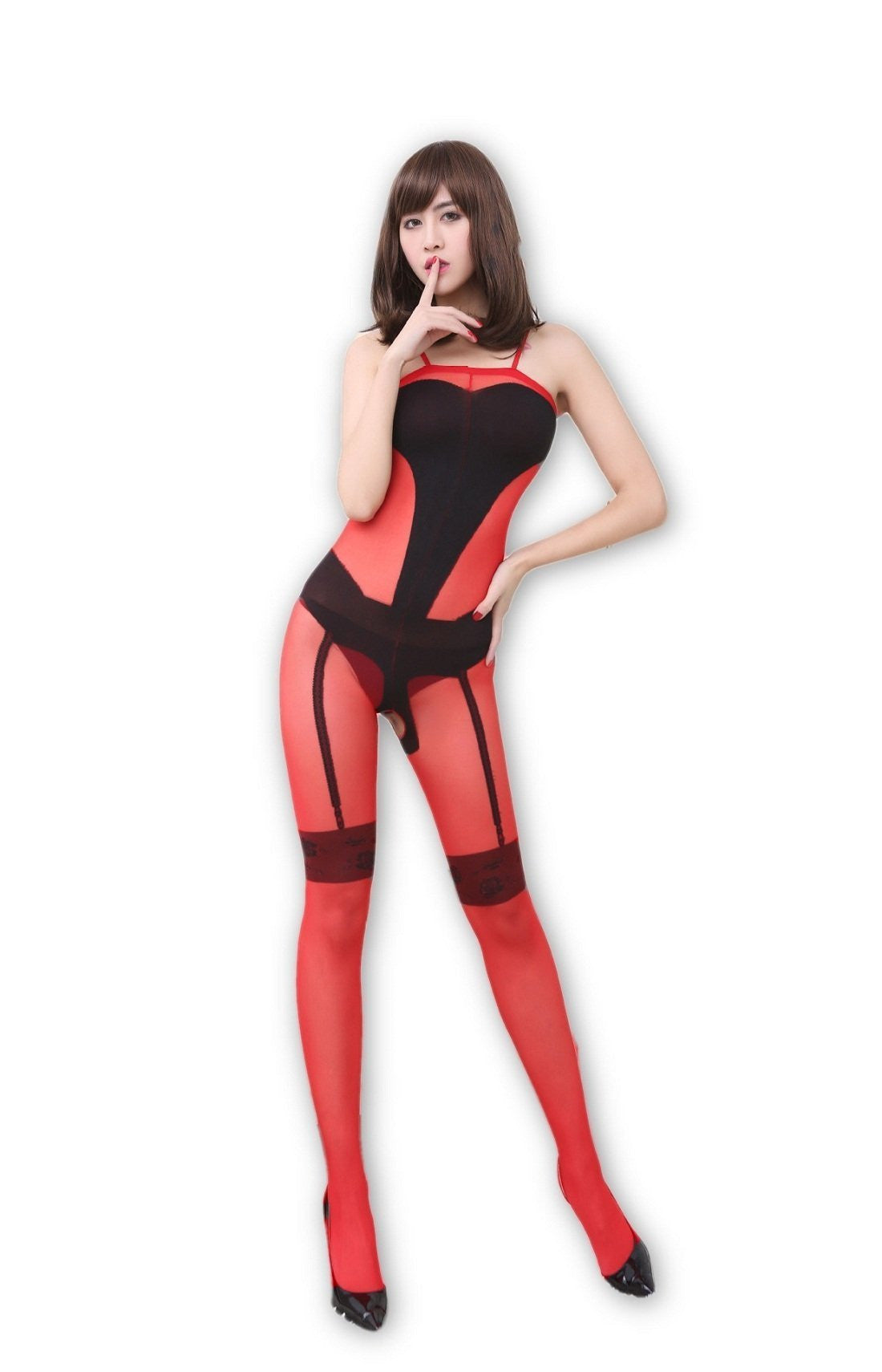 ItspleaZure Women's Wave shape Lingerie red black Bodystocking & Free Thong (Freesize_Q2MBS110_ARBT) for at itspleaZure