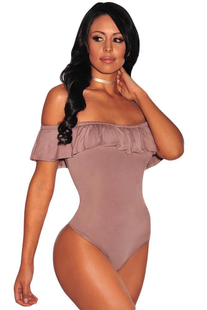 Off Shoulder Ruffle Taupe Bodysuit for Women at itspleaZure