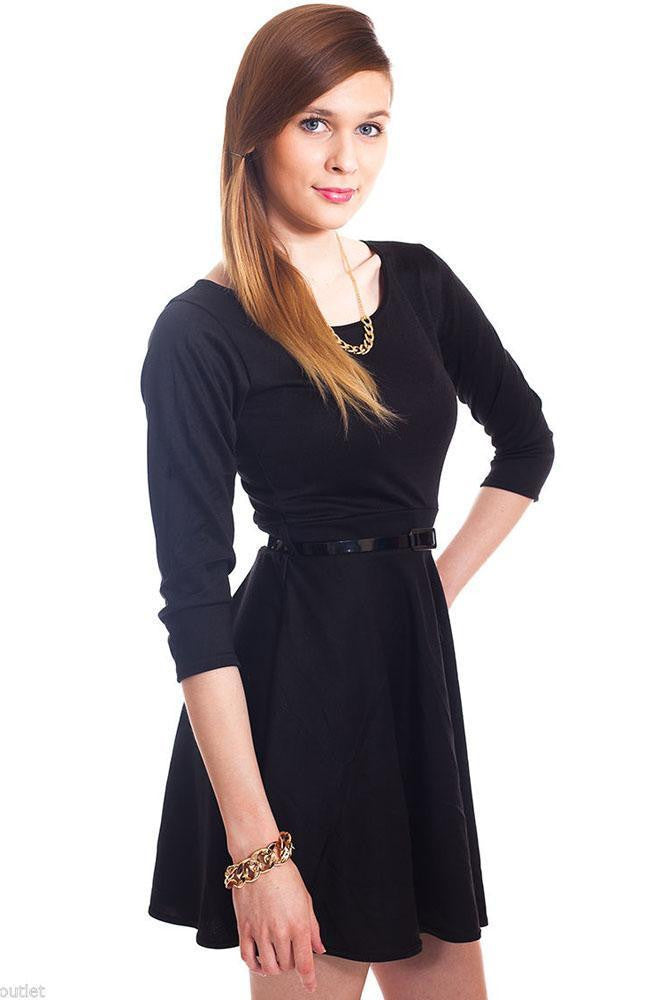 ItspleaZure Woman's Black Plain Belted Skater Dress for at itspleaZure