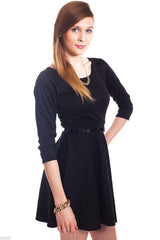 ItspleaZure Woman's Black Plain Belted Skater Dress for at itspleaZure
