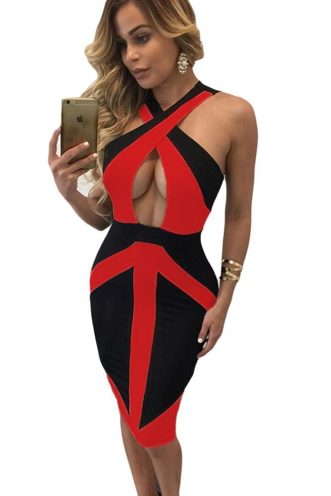 ItspleaZure Woman's Black Red Colorblock Cross Front Bodycon Dress for at itspleaZure
