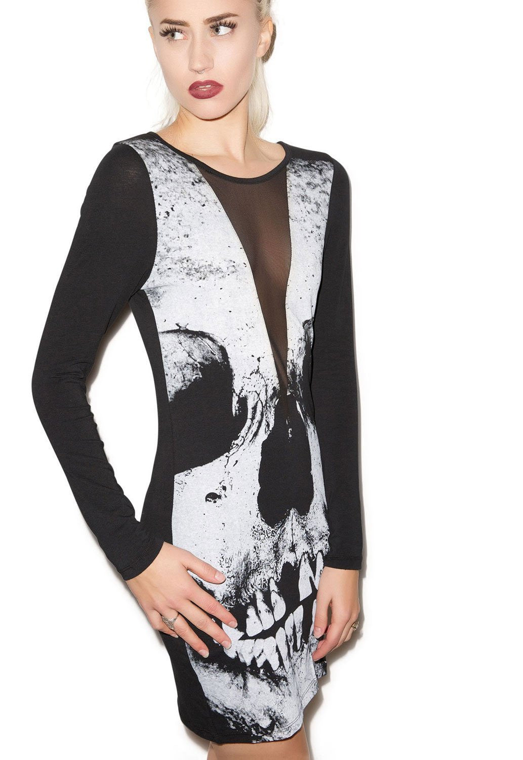Black Full Sleeve Polyester Round Neck Skull Printed Dress for Women at itspleaZure