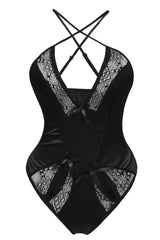 ItspleaZure Women's Gold Lace Detail Black Satin Teddy for at itspleaZure