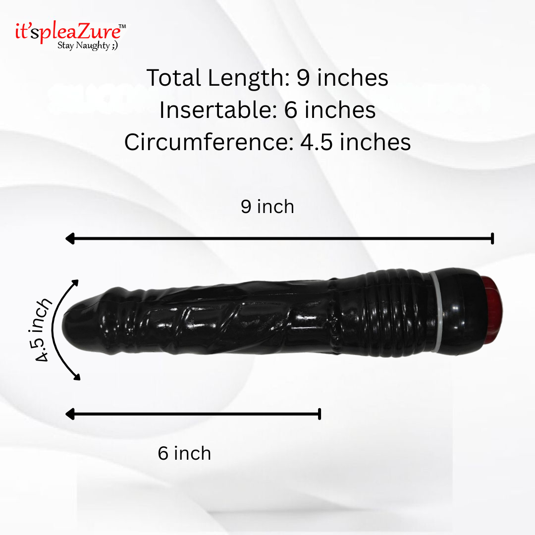 Black toy with measurements on a white background, featuring 'it's pleAZure' branding.