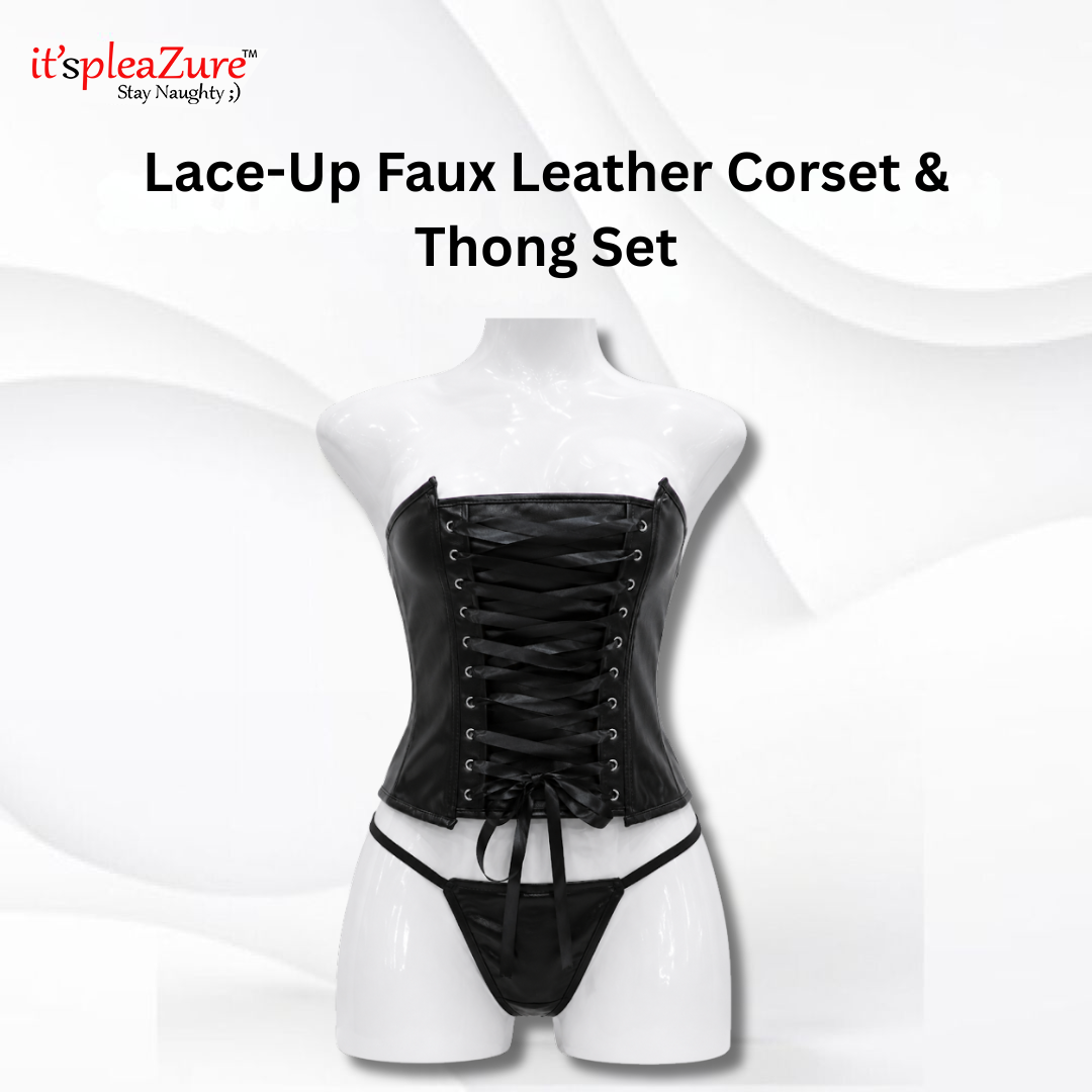 ItspleaZure's Black PVC Corset with Front Lace-Up & Matching Thong - Size L