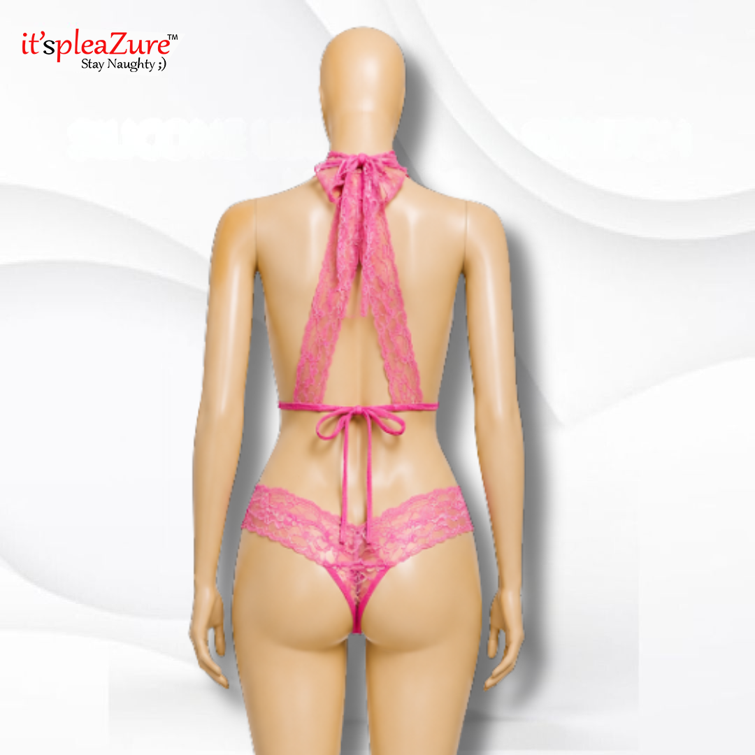 ItspleaZure's Pink Floral Lace Halter Teddy with Corset-Style Detail - Free Size