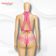 ItspleaZure's Pink Floral Lace Halter Teddy with Corset-Style Detail - Free Size