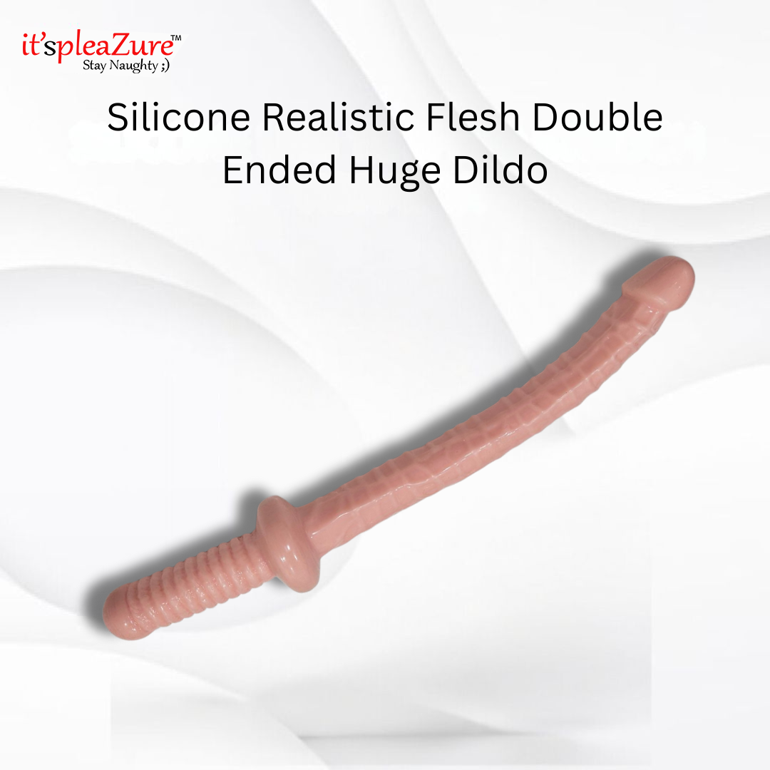 Silicone realistic flesh double-ended huge dildo with 'it's pleaZure' branding on a white background.