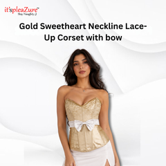 ItspleaZure's Gold Satin-Look Sweetheart Corset with White Bow & Lace-Up Back - XL