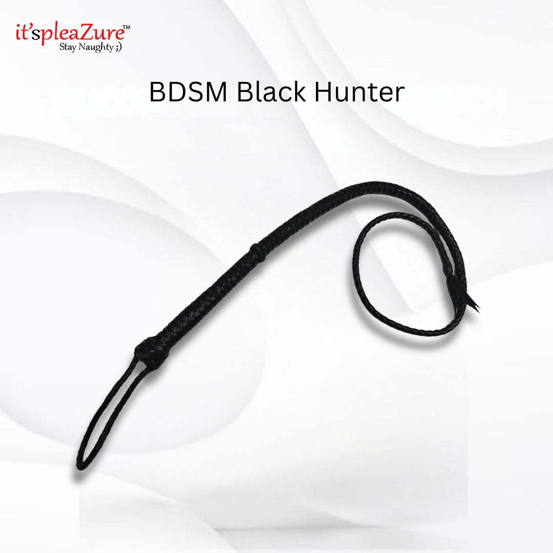 Black leather whip labeled 'BDSM Black Hunter' on a white background with 'it's pleazure' branding.