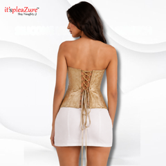 ItspleaZure's Gold Satin-Look Sweetheart Corset with White Bow & Lace-Up Back - XL