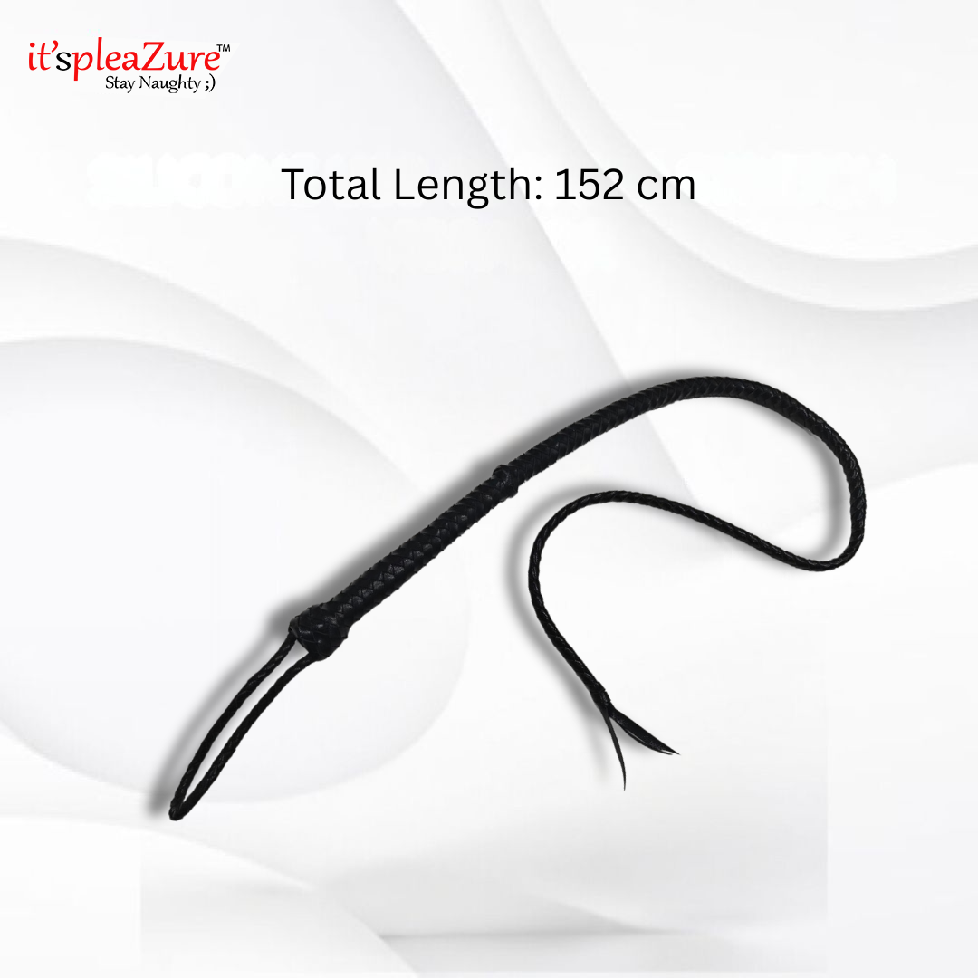 Black leather whip on a white background with 'it'spleaZure' branding.