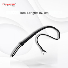 Black leather whip on a white background with 'it'spleaZure' branding.