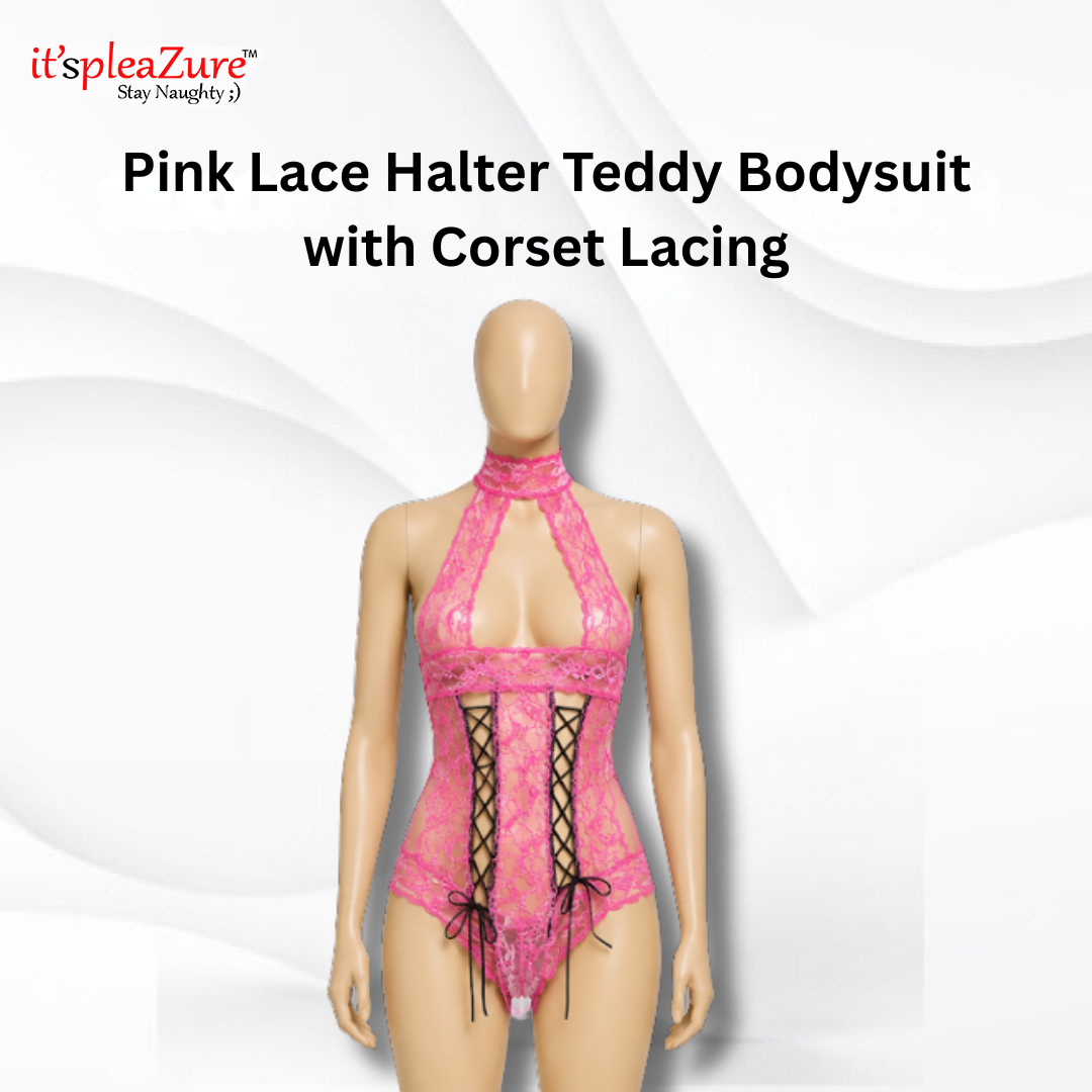 ItspleaZure's Pink Floral Lace Halter Teddy with Corset-Style Detail - Free Size
