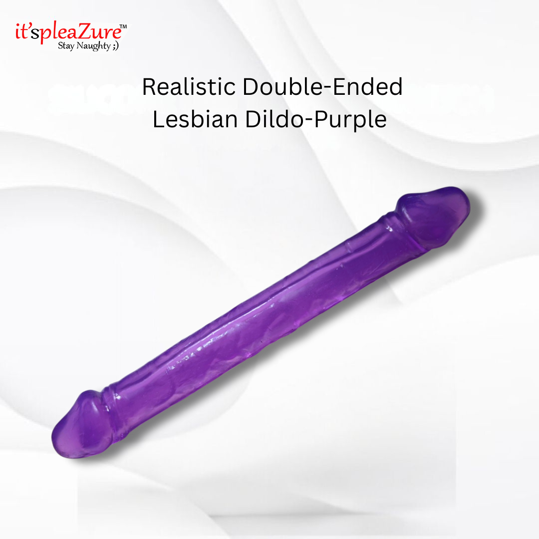 Purple double-ended dildo with 'it's pleazure' branding on a white background