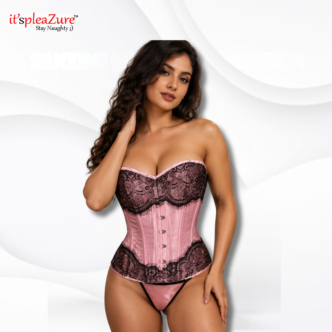 ItspleaZure Pink Lace Corset Bustier Lingerie Set with Thong – XL
