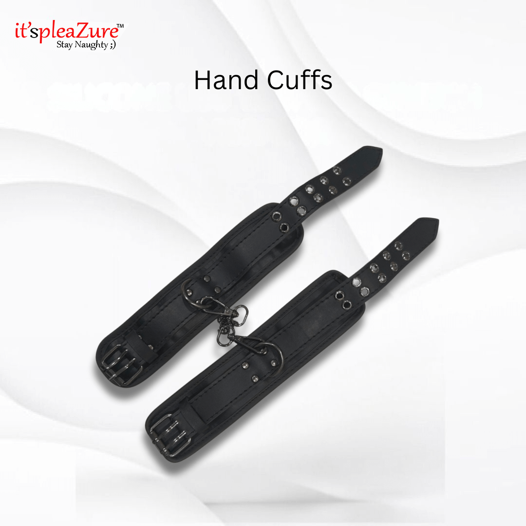 Black hand cuffs on a white background with 'it's pleazure' branding.