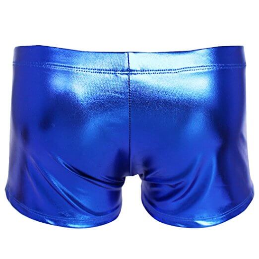 Shiny blue boxer briefs on a white background