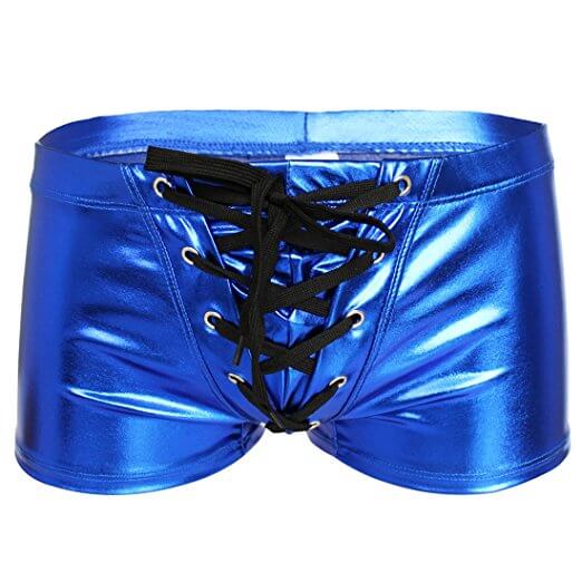 Blue metallic shorts with black lace-up front on a white background