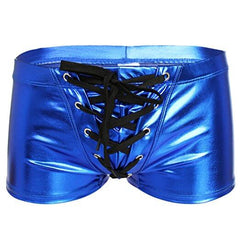 Blue metallic shorts with black lace-up front on a white background