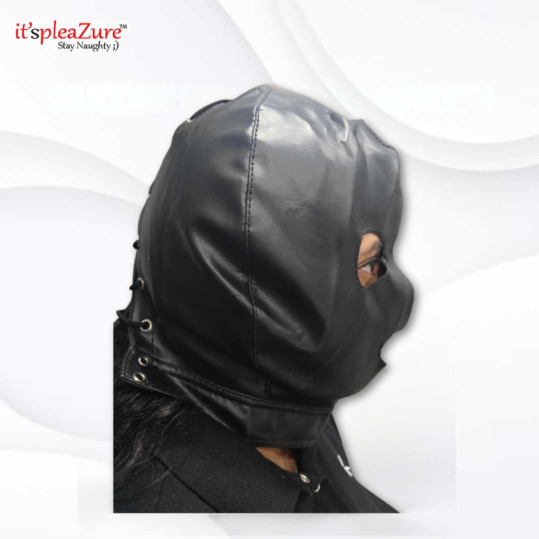 Black leather hood with lace-up details on a white background, featuring the brand 'Kaamastra'.
