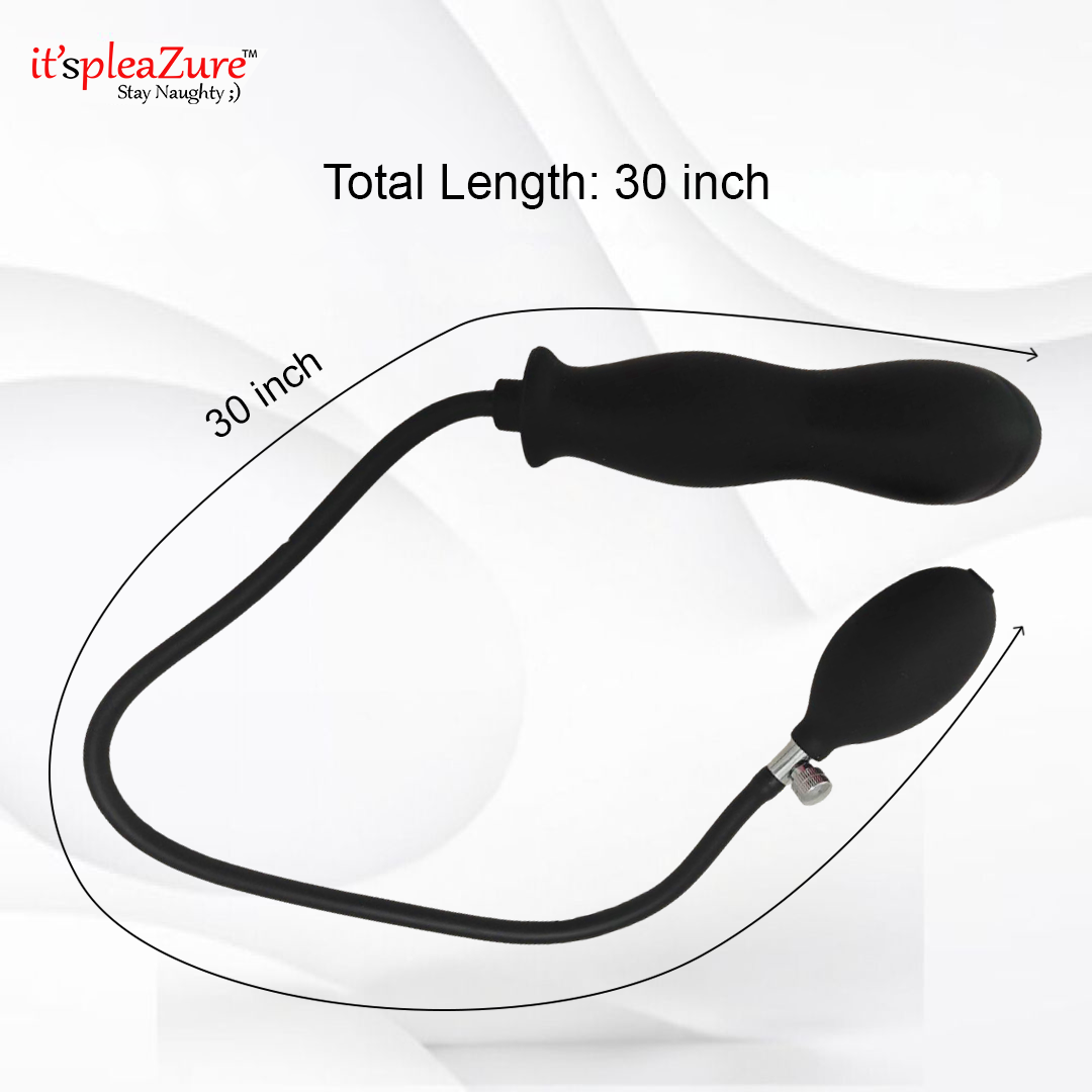 Black flexible tube with two balloon ends on a white background, labeled 'it's pleazure' and 'Total Length: 30 inch'.