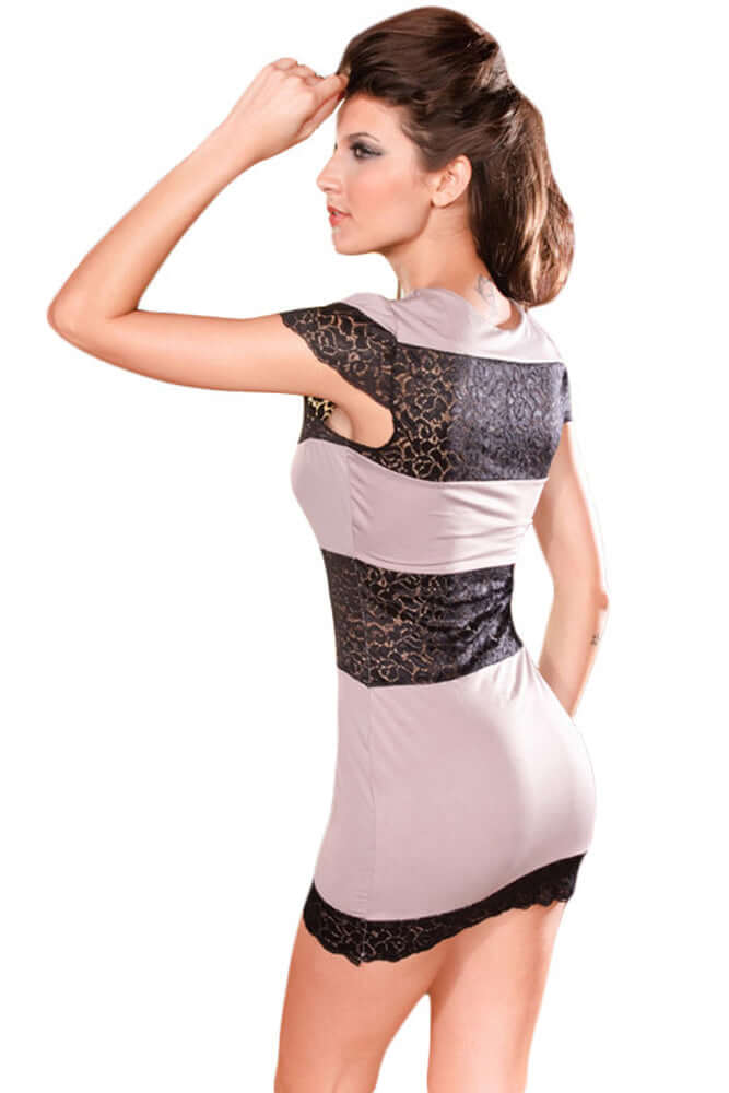 A short sleeve mini dress with black floral mesh see-through patches in purple and black colors.