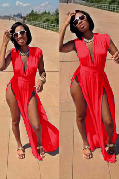 A model wearing a red polyester cutout dress with a deep V neck and side cutouts, paired with sunglasses and high-heeled sandals.