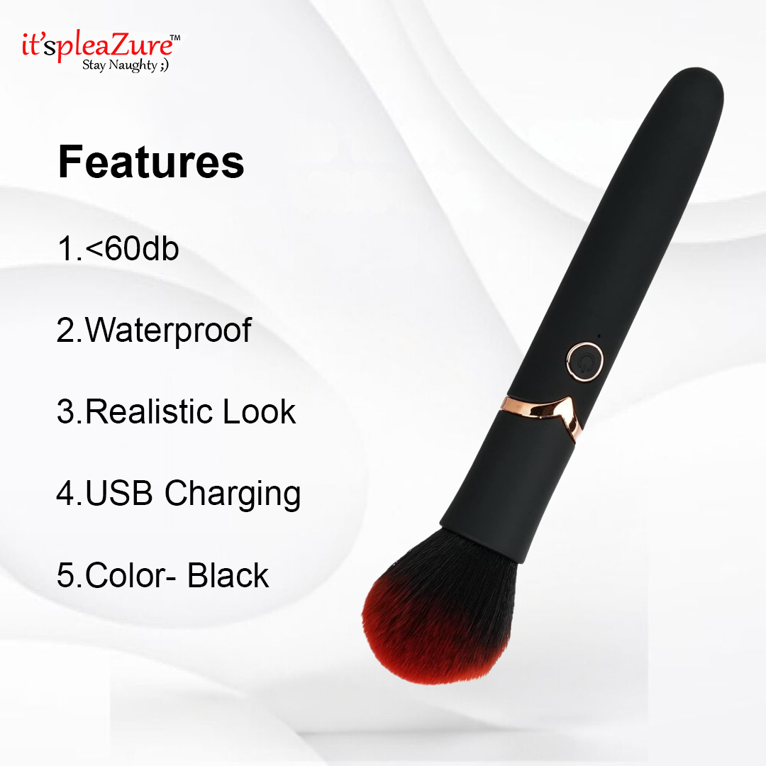 Feature list for the itspleaZure vibrating makeup brush: quiet, waterproof, realistic, USB charging, black