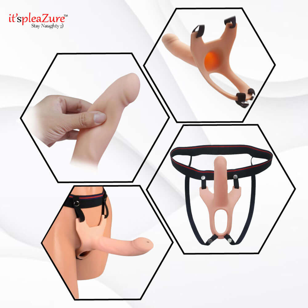 Close-up angled view of it'spleaZure™ Silicone Hollow Strapon – Sleek and ergonomic design