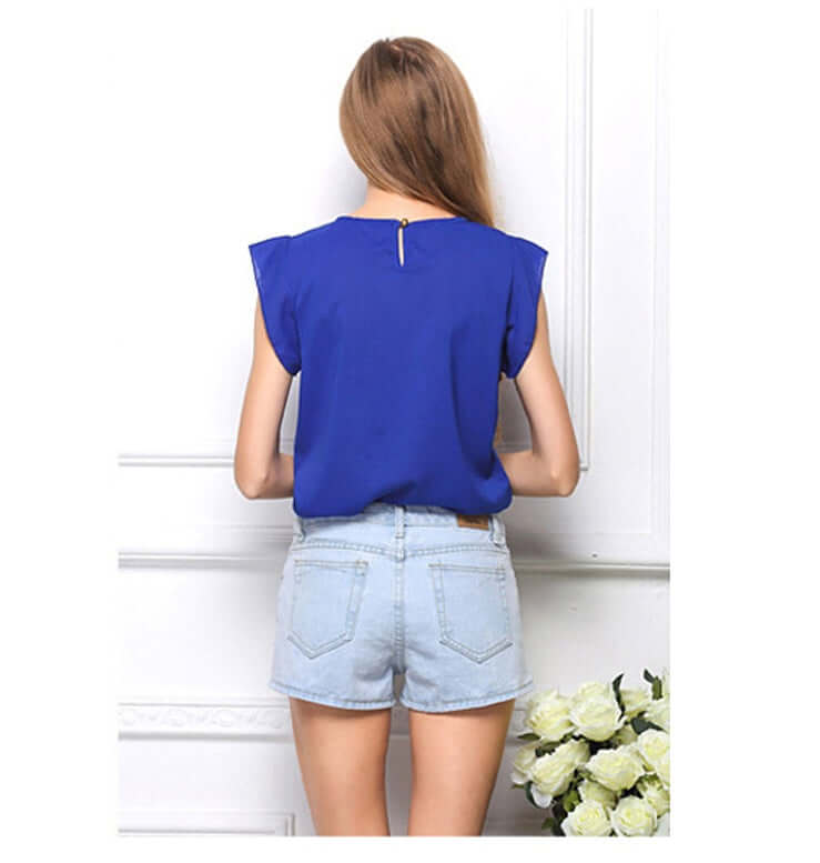 Blue Scoop Neckline Shirt Cap Sleeves