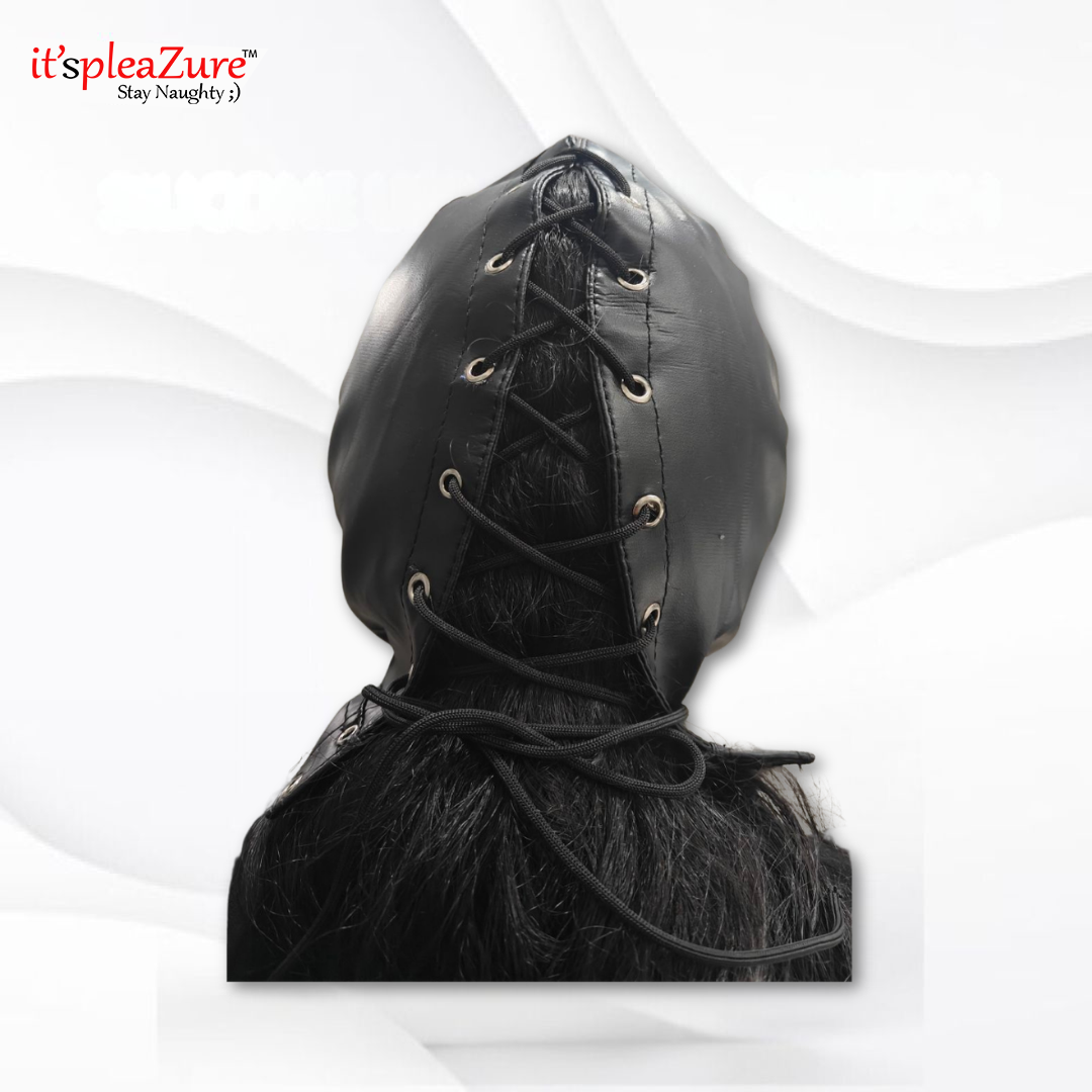 Black leather hood with lace-up front on a white background, featuring 'it'spleaZure' branding.