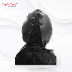 Black leather hood with lace-up front on a white background, featuring 'it'spleaZure' branding.