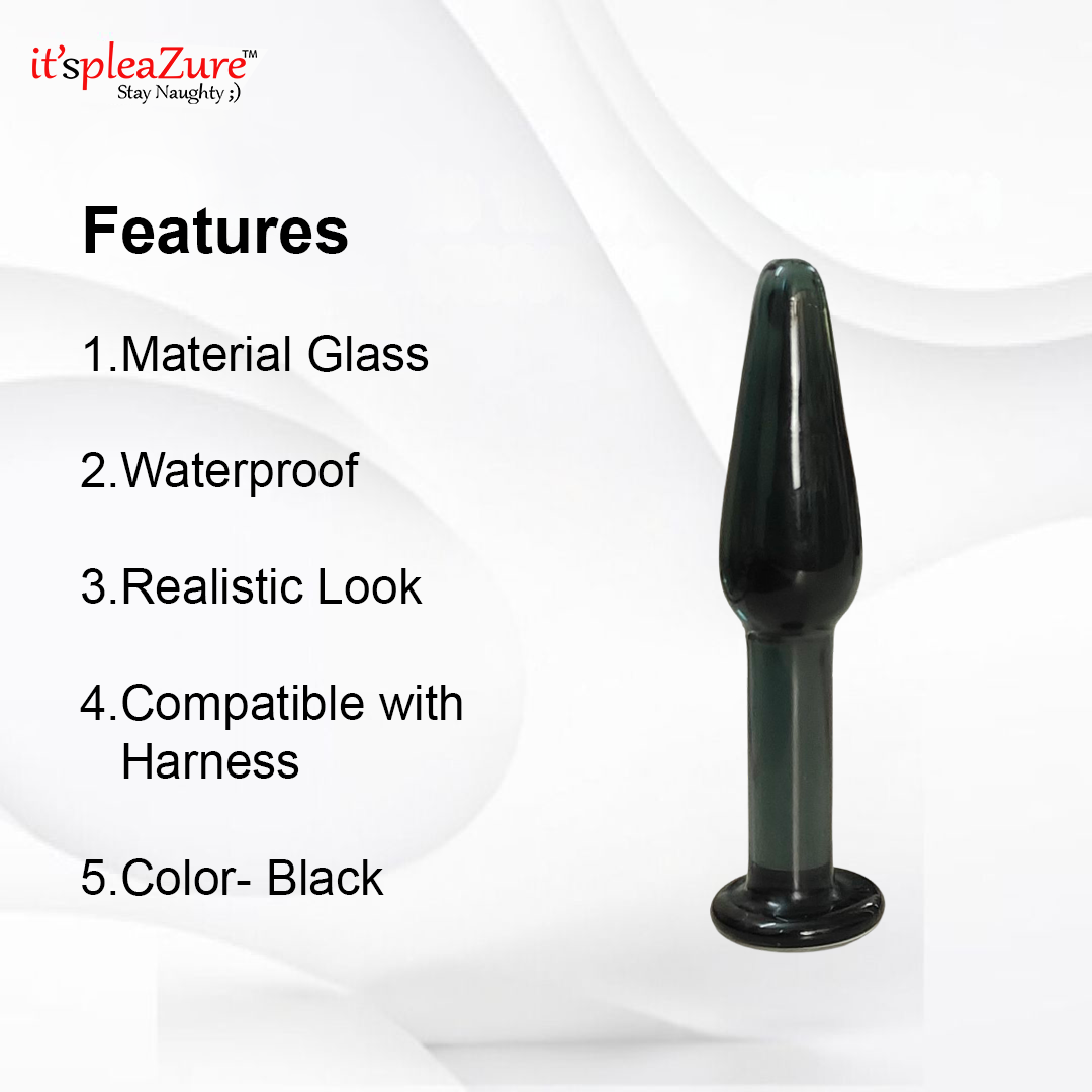 Black glass product with features listed on a white background