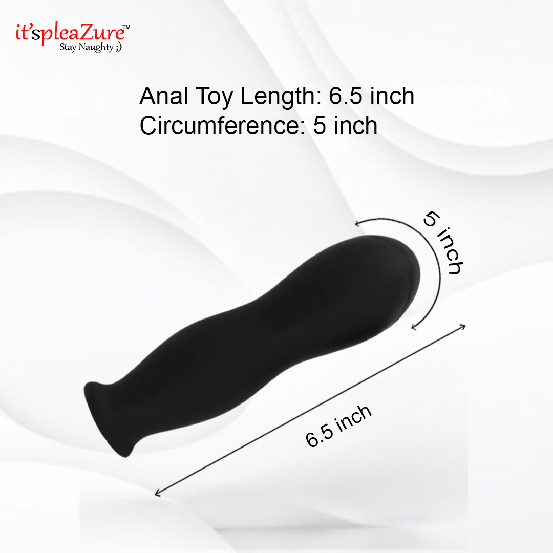 Black anal toy with measurements on a white background, featuring the 'it's pleazure' brand.