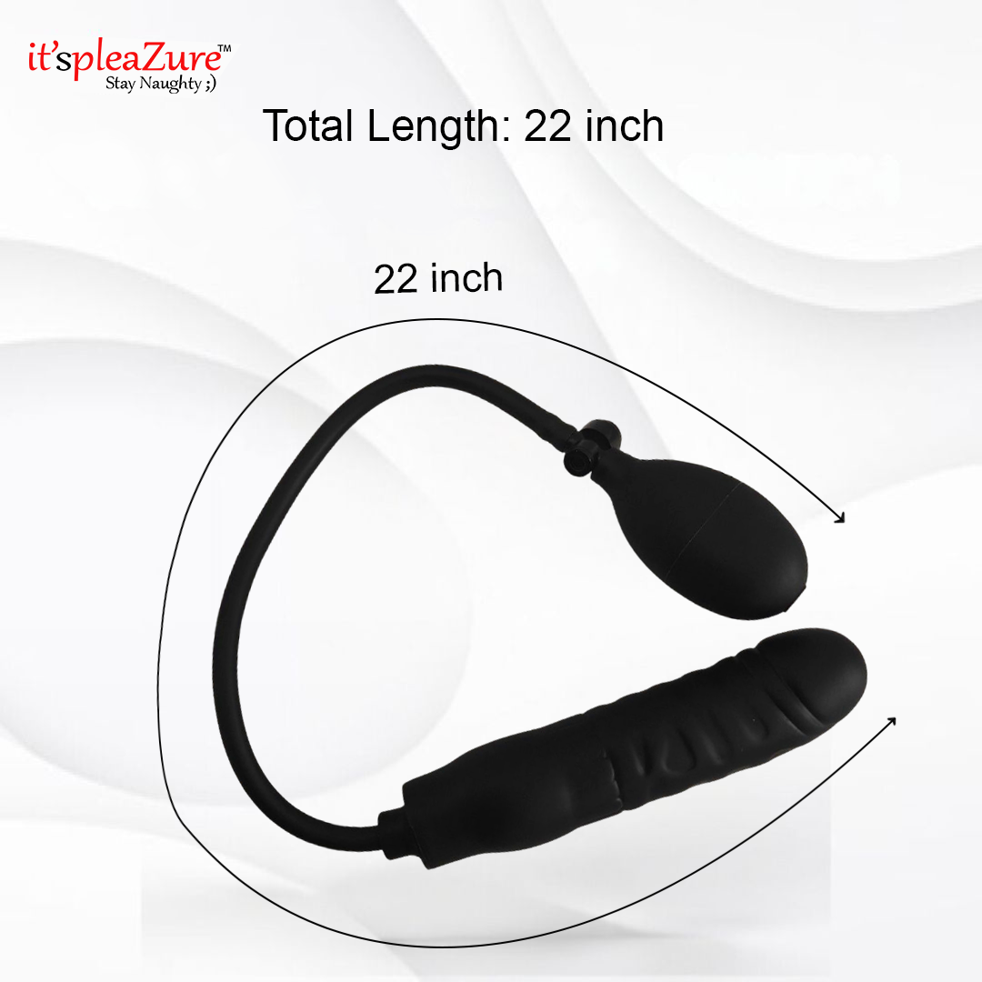 Black silicone product with measurement details on a white background, branded 'it's pleazure'.